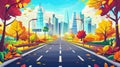 Animated modern illustration of a forest highway in autumn leading to a modern cityscape with yellow foliage, a cloudy Royalty Free Stock Photo