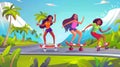 Animated modern illustration of young black and white women skateboarding on longboards on a summer road with mountains