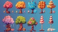 An animated modern set of fantastic trees with cake pops, caramels, and candy canes isolated on a background with