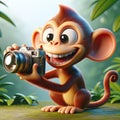 An animated monkey with a big smile holding a vintage camera, ready to capture a moment in the jungle