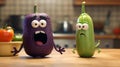 Animated Monsters And Eggplant Friends: A Playful Kitchen Encounter