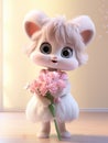 Animated mouse holding pink roses. The concept is innocence and charm.