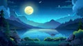 Animated night landscape with a lake in a forest at the foot of a mountain under full moon light. Modern night landscape Royalty Free Stock Photo