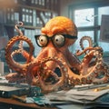 Animated octopus in glasses gleefully managing office chaos tentacles spread wide balancing work with grace and humor Royalty Free Stock Photo
