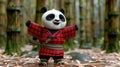 Animated panda in kimono with bamboo forest backdrop.