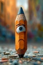 An animated pencil with eyes and mouth. 3d illustration