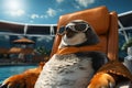 Animated penguin in a relaxing poolside chair, beautiful summer photo