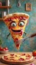 Animated pepperoni pizza slice with eyes and mouth being lifted by fork in colorful kitchen Royalty Free Stock Photo