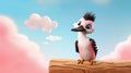 Animated Pink Bird On Wooden Log: Realistic Cartoonish Character Design