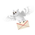 Animated polar owl holding a letter in its paws isolated on white background. Vector cartoon close-up illustration.