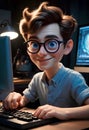 animated portrait of a webmaster sitting near a computer monitor with big round eyes.