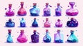 An animated potion bottle with a spill. A set of fantasy witch glass elixir icons. 3D cork antidote phial isolated on a