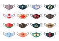 Animated protective masks set. Cheerful pork nickle with snowflakes and stylish royal crown black mustache colorful red