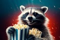 Animated raccoon with a popcorn bucket reveling in a movie night, depicted on a blue, rain-inspired backdrop, perfect Royalty Free Stock Photo