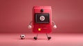 Animated retro game console character with soccer ball, 3d render, red background Royalty Free Stock Photo