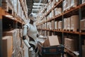 Animated robot character working in a warehouse, generating stock