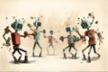 Animated robotic arms with personalities engaged in a synchronized dance. AI Generated