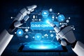 Futuristic Robotic Hands Interacting with Cloud Computing Technology and Data Management Concepts in a Digital Royalty Free Stock Photo