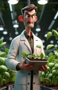 Animated scientist in greenhouse holding seedlings with determined expression Royalty Free Stock Photo