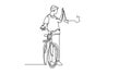 Animated self drawing of continuous line draw young happy couple male and female take walk with bicycle at outfield park, giving