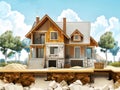 Animated sequence of a house being constructed step by step from foundation to finish illustrating the house developing process