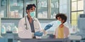 An animated sequence shows a doctor wearing gloves a mask and a lab coat while performing a checkup on a child. The