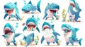 Animated shark cartoon character that yells, sneezes, screams, drinks tea, sneezes, and falls in love. Toothy predator Royalty Free Stock Photo