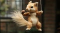 Animated squirrel marionette holding a walnut on strings