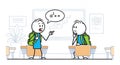 Animated Stickman Students Discussing Math Problem in Classroom with Green Backpacks Cartoon Illustration Royalty Free Stock Photo