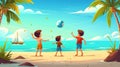 Animated summer beach banner with kids playing ball. Boys playing sports outdoors at seashore, family holidays leisure Royalty Free Stock Photo