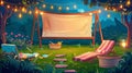 Animated summer clipart of an outdoor movie theater with picnic baskets, chaises and lightbulb garland in a park, garden Royalty Free Stock Photo