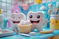 Animated teeth charactrers enjoying dental care. Generative AI Royalty Free Stock Photo