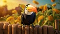 Animated Toucan Perched On Fence: Hyper-realistic Don Bluth Style