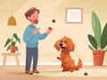 Animated training sessions with pets, Man Playing with Excited Dog Indoors, An illustration of a joyful man tossing a ball to his