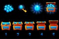 Animated treasure chest with blue precious gem. Step by step, full and empty, open and closed box. Icons on separate