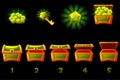 Animated treasure chest with green precious gem. Step by step, full and empty, open and closed box. Icons on separate