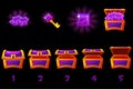 Animated treasure chest with purple precious gem. Step by step, full and empty, open and closed box. Icons on separate