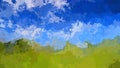 Animated twinking stained background seamless loop video - watercolor splotch effect - blue sky over green grass landscap