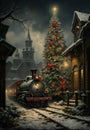 Animated vintage of train and chrismast tree at town Royalty Free Stock Photo