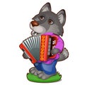 Animated wolf in clothes with the harmonica isolated on white background. The character of Russian folk tales. Vector