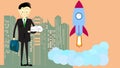 Animated yong businessman with briefcase. Startup new business project. Startup business banner with space rocket.