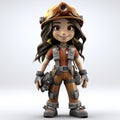 Animated Young Female Miner with Equipment Ready for Work.