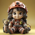 Animated Young Female Miner with Equipment Ready for Work.