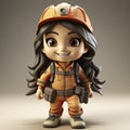 Animated Young Female Miner with Equipment Ready for Work.