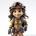 Animated Young Female Miner with Equipment Ready for Work.