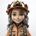 Animated Young Female Miner with Equipment Ready for Work.