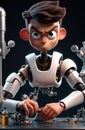 Animated young inventor robot assembling futuristic machinery in workshop Royalty Free Stock Photo