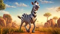 Animated Zebra In The Desert Grass: A Hyper-realistic Action-packed Cartoon