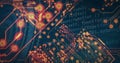 Animating abstract circuit traces pulsing on digital canvas, with solder-pad nodes, code segments Royalty Free Stock Photo