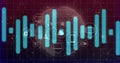 Animating central cyan or teal bars and circular tech nodes on virtual dashboard, with globe grid do Royalty Free Stock Photo